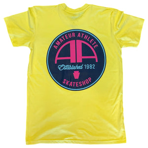 yellow back image Amateur Athlete Miami Vice Tee in premium pre-shrunk cotton with vibrant screen-printed Miami Vice-inspired graphic.