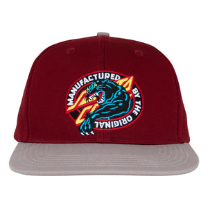 front image Santa Cruz Natas MFG Panther Snapback Hat in maroon and grey with embroidered front logo, contrast button and visor, and custom interior taping.