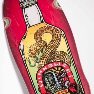 a maroon winkowski agava snake shaped deck with wheel well close up.