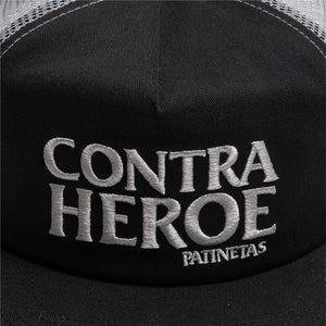 close up black and grey contra here trucker hat 