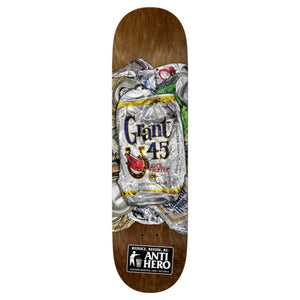 Top view of Anti-Hero Grant Refuse 8.40 skateboard deck with graphic visible
