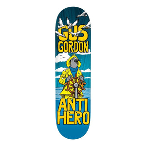 Anti Hero Gus Gordon Full SE 8.25 skateboard deck with blue background and yellow raincoat pigeon graphic