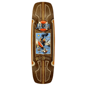Wooden anti hero  skateboard deck with a colorful graphic and wheel wells and sugarcane rails.