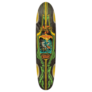Skateboard deck with colorful design and 'Jalopi' branding on a white background