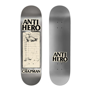 Anti Hero DBX Cody Chapman Lance Mountain Art 8.32 skateboard deck, silver bottom graphic with Lance Mountain drawing of a skater on a brick wall, shown next to the silver top with Anti Hero logo