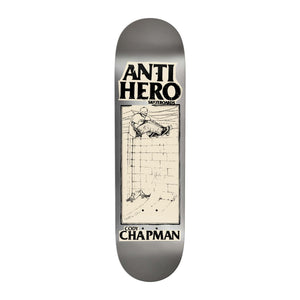 Anti Hero DBX Cody Chapman 8.32 skateboard deck bottom graphic, Lance Mountain art of a skater on a brick wall under barbed wire, cream panel on silver deck
