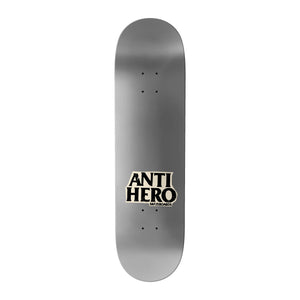 Top of Anti Hero DBX Cody Chapman 8.32 skateboard deck, silver top ply with black and cream Anti Hero Skateboards logo