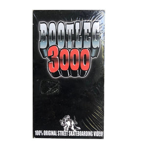 A black bootleg 3000 skate video VHS case, sealed in clear plastic wrap. The front cover features the text 'BOOTLEG 3000' in stylized silver and red lettering, with '100% ORIGINAL STREET SKATEBOARDING VIDEO!' printed at the bottom.