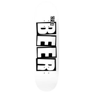 Skateboard deck with 'OPEN BEER' text design on a white background “Baker Skateboards Nuge Open Bar Logo Deck 9.25 front graphic