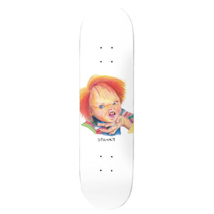 A white baker skateboard with art by Spanky of Chuck deck name good guys