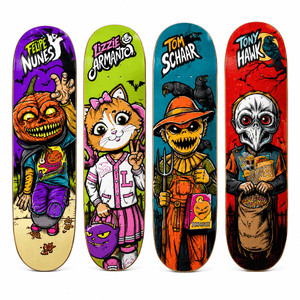 Birdhouse Hallows Eve four skateboard deck set, Felipe Nunes, Lizzie Armanto, Tom Schaar and Tony Hawk, artwork by Tim Baron