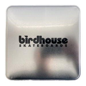 A square metallic silver tin with rounded corners, featuring the black printed text 'birdhouse SKATEBOARDS' in the center, with velcro wallet and adjustable belt inside 