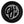 Black circular object with white text and logo on a white background