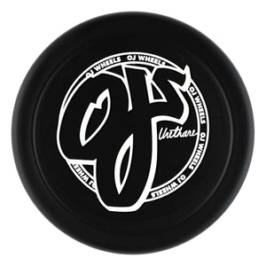 Black circular object with white text and logo on a white background