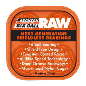 Packaging of Bronson Speed Co Six Ball RAW bearings with features listed on an orange background.