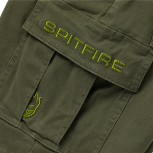 Green classic 87 cargo shirts  with 'SPITFIRE' branding on a close-up of the pocket.