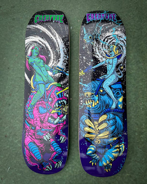 Creature Cosmo Rider SM and LG skateboard decks with matching cosmic rider artwork
