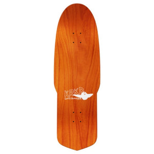 Wooden skateboard deck with a brand krooked orange top veneer