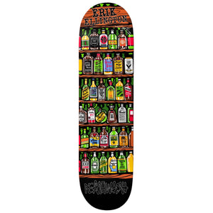 A skateboard deck featuring a graphic illustration of shelves filled with colorful liquor bottles, with the text 'ERIK ELLEDTON' at the top and 'DESERTED' at the bottom, shown against a plain white background.
