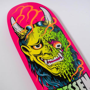 Close-up of spot gloss neon graphics and Hannya artwork

