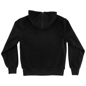 back image Creature Drop Out Varsity Jacket featuring fleece body, taffeta-lined sleeves, felt applique chest design, embroidered details, and faux leather pockets.