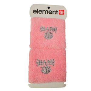 A pair of pink terry cloth wristbands with silver gothic 'BARE' and anchor logo embroidery, attached to a white cardboard hanger with the 'element' brand logo at the top.