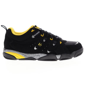 a black and yellow es symbol shoe in size 10
