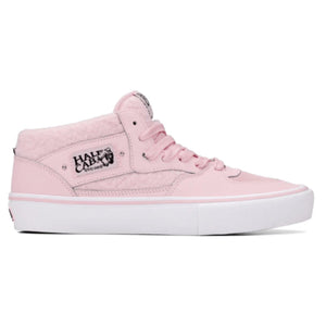 Vans Skate Half Cab Pink White features a textured pink upper with classic suede and canvas construction, built for modern skateboarding.