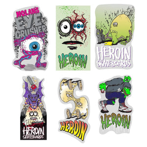 Set of Heroin Skateboards stickers with various designs on a white background