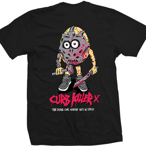 black curb killer x heroin skateboards black tee back image 