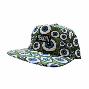 Heroin Eyes Olive Snapback Hat with all-over eyeball print