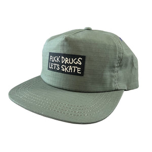 olive heroin snap back hat with Fuck drugs lets skate patch on front 