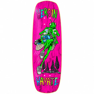 Heroin Hayate Bug 8.88 double shovel skateboard deck with magenta stain and Fos artwork