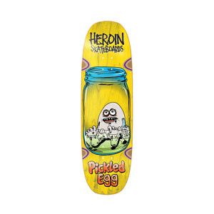Heroin Pickled Egg 9.38 skateboard deck with yellow stain and jar graphic by Fos Mark Foster