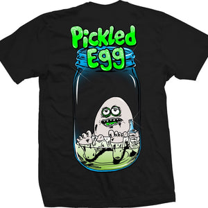 heroin skateboards pickled egg logo on a black tee back image 