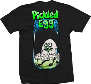 heroin skateboards pickled egg logo on a black tee back image 