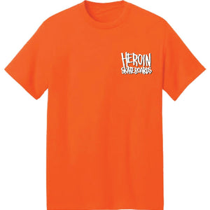 orange heroin skateboards teee shirts hills have eggs front image 