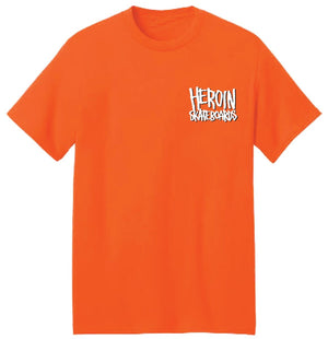 orange heroin skateboards teee shirts hills have eggs front image 