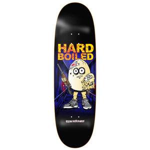 heroin skateboards egg shaped deck with hard boiled ehh graphic on it 