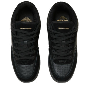 Black sneakers top view with 'Hours is Yours' branding on a white background