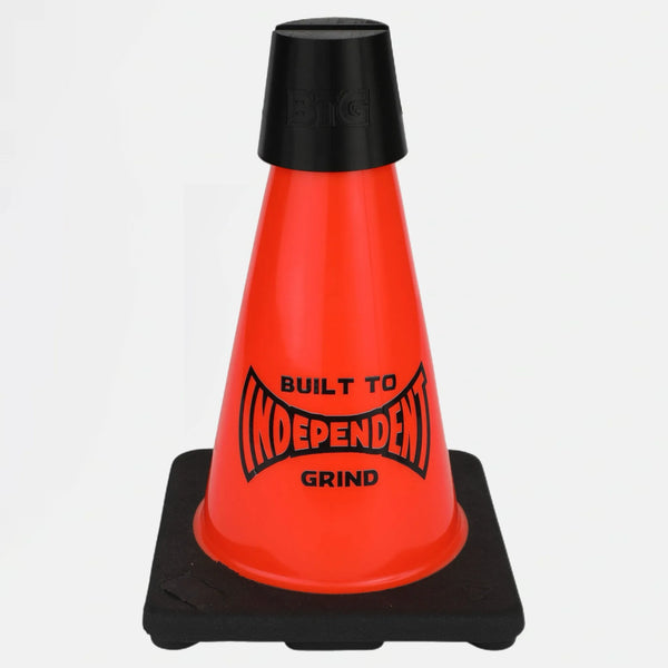 a orange small independent road cone with independent branding and a phone holder at the top. 