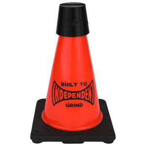 A short orange cone with independent logo on the side and a cell phone holder on the top
