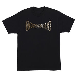 A black short-sleeve crewneck t-shirt featuring a camouflage patterned 'INDEPENDENT brand in real tree camo collaboration 