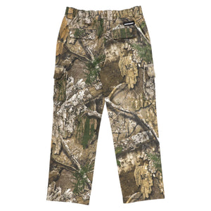A pair of independent real tree cargo pants featuring a detailed woodland camouflage pattern with bark, branches, leaves, and moss front image 