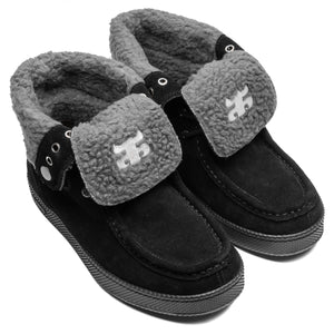 Pair of IPath Cats Hi Black Shearling shoes showing black uppers and grey fold-over fleece tongues
