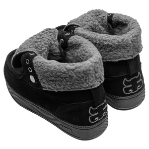 Rear three-quarter view of IPath Cats Hi Black Shearling shoes showing grey fleece cuffs and heel logos