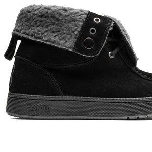 Close-up of IPath Cats Hi Black Shearling shoe showing black upper, grey fleece cuff and side sole
