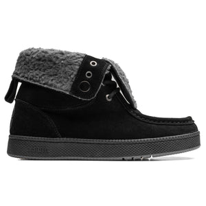 IPath Cats Hi Black Shearling skate shoe side profile with grey fleece collar and black sole