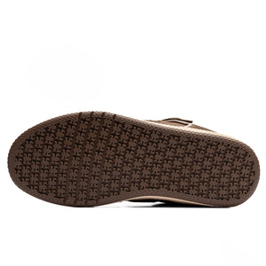 Bottom view of IPath Grasshopper Brown Shearling shoe showing the brown patterned rubber outsole