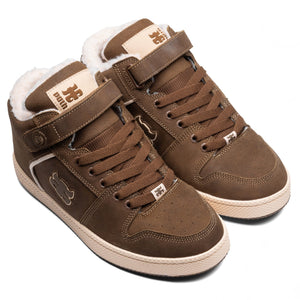 Front three-quarter view of IPath Grasshopper Brown Shearling shoes showing both brown shoes, laces and ankle straps